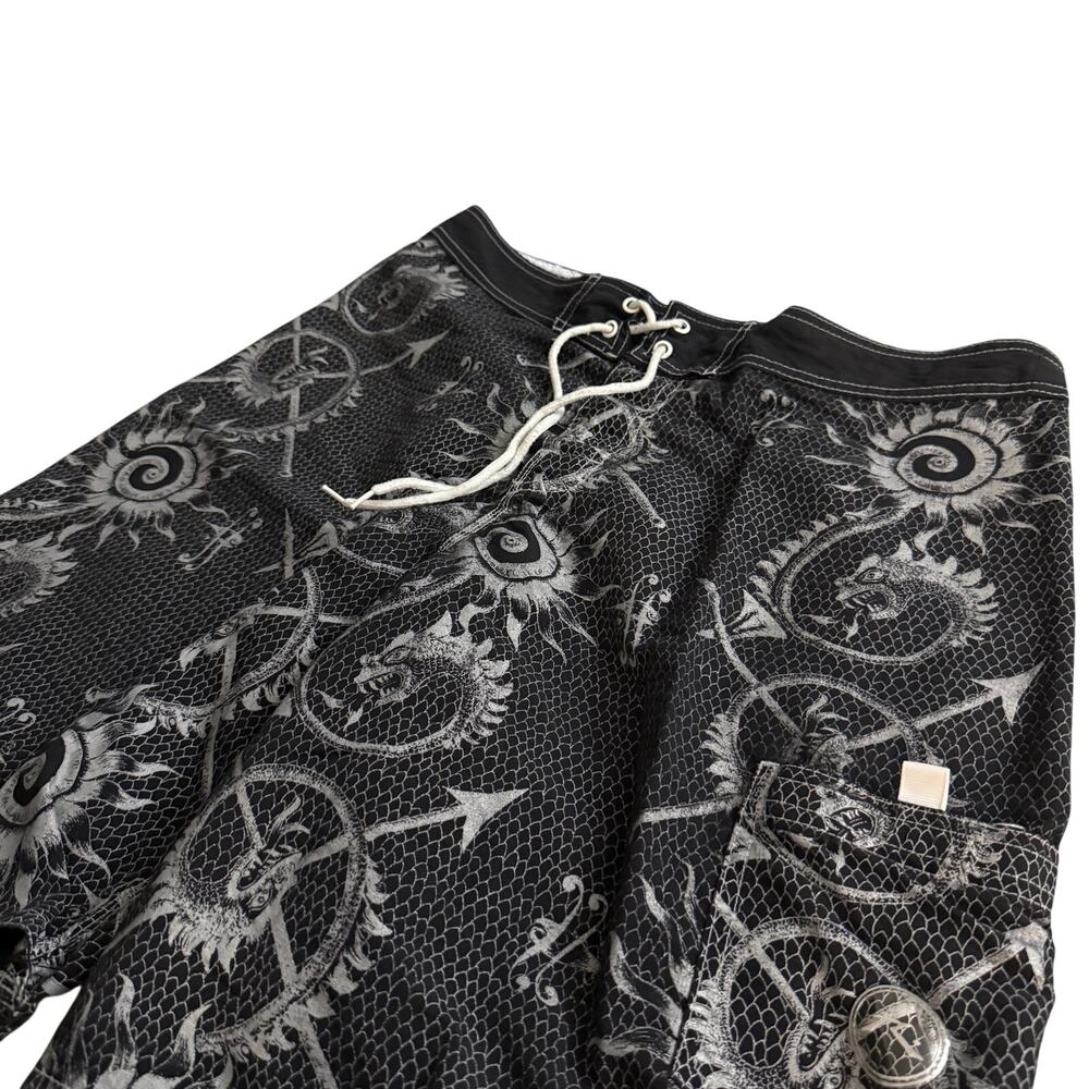 Vintage Rusty Boardshorts Black Gray Tribal Sun Dragon Swim Shorts